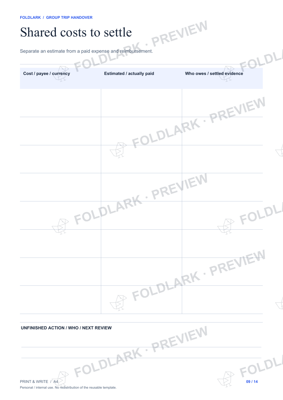 Shared costs to settle: actual marked preview