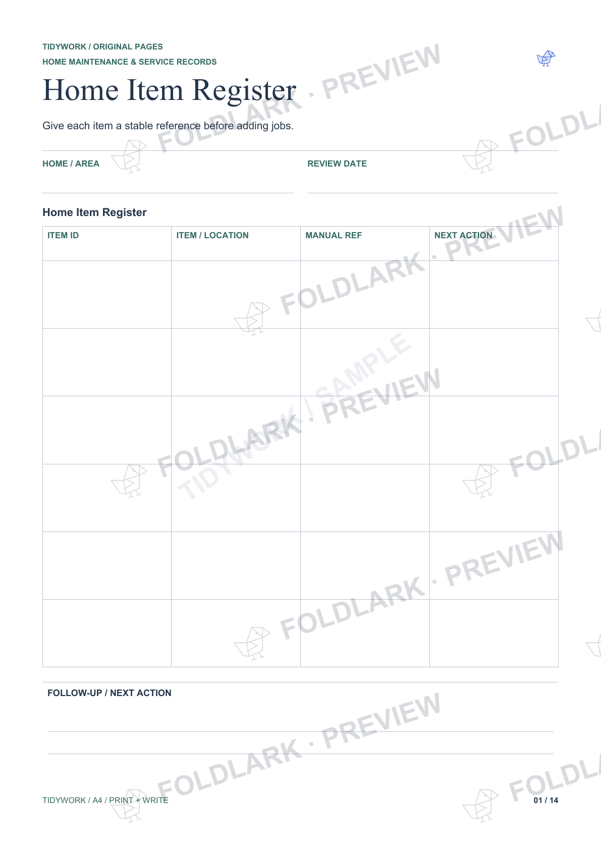 Actual Home Item Register page from Home Maintenance & Service Records