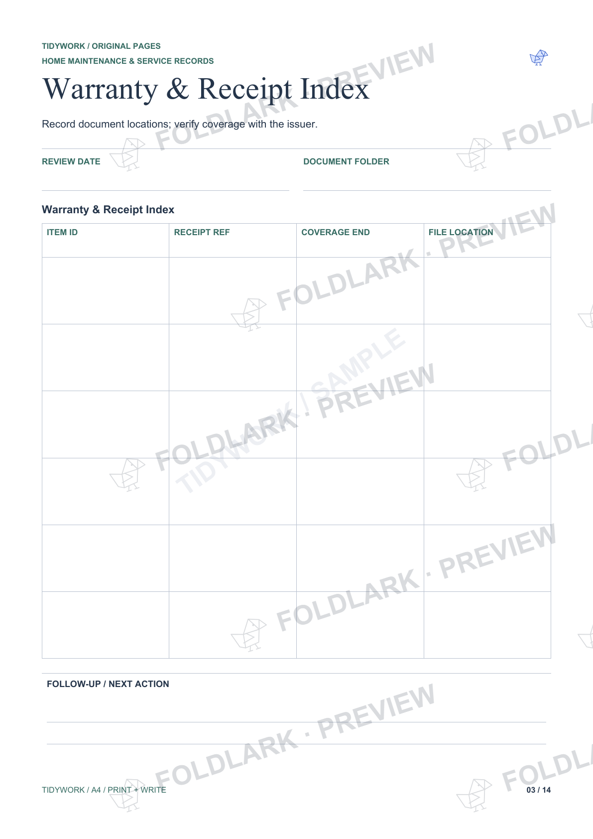 Warranty & Receipt Index: actual marked preview