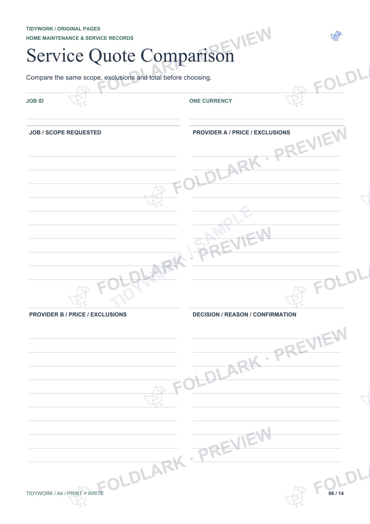 Service Quote Comparison: actual marked preview