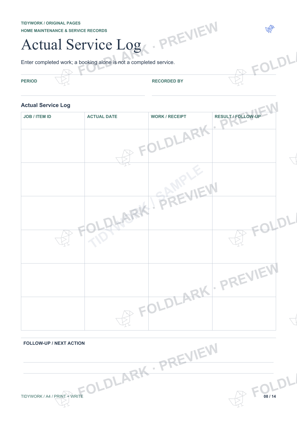 Actual Service Log: actual marked preview