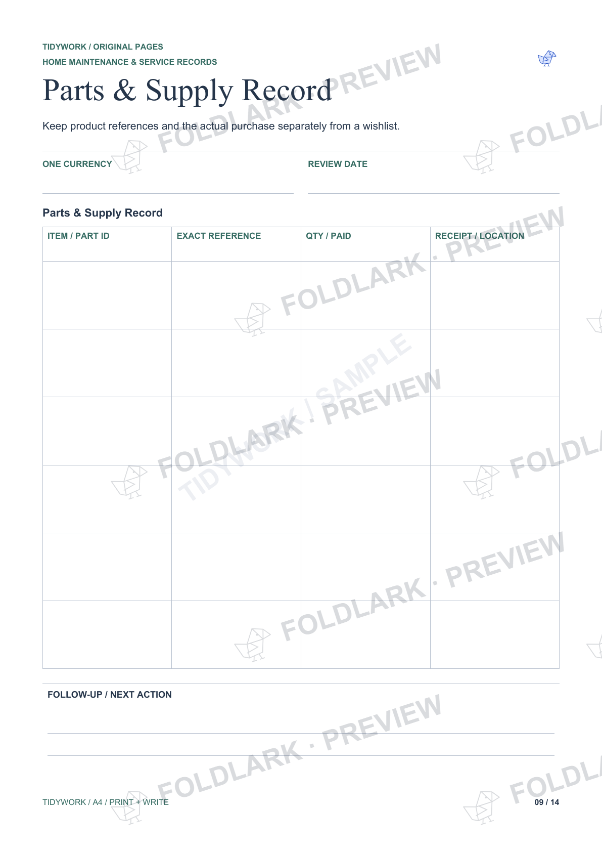Parts & Supply Record: actual marked preview