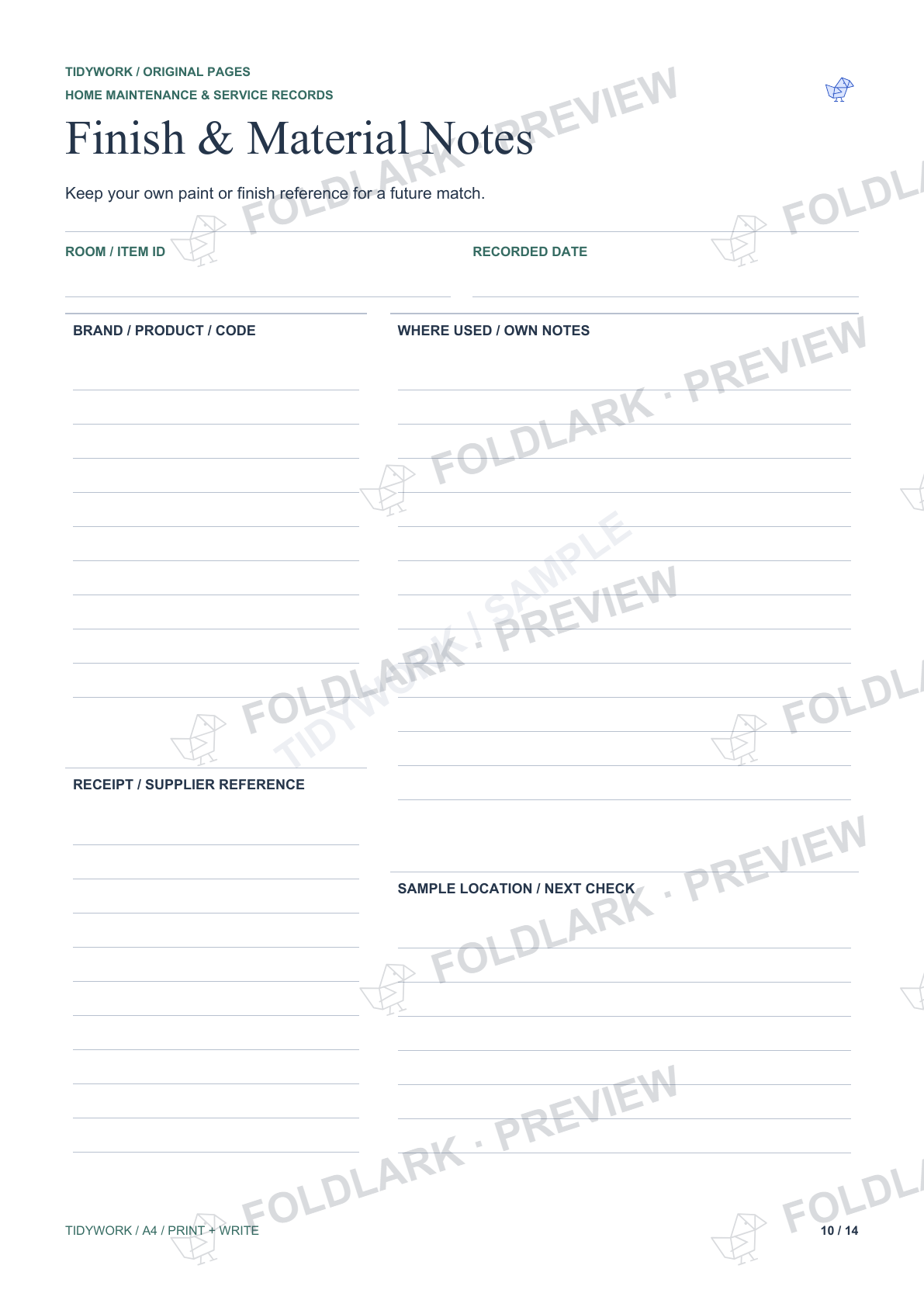 Finish & Material Notes: actual marked preview