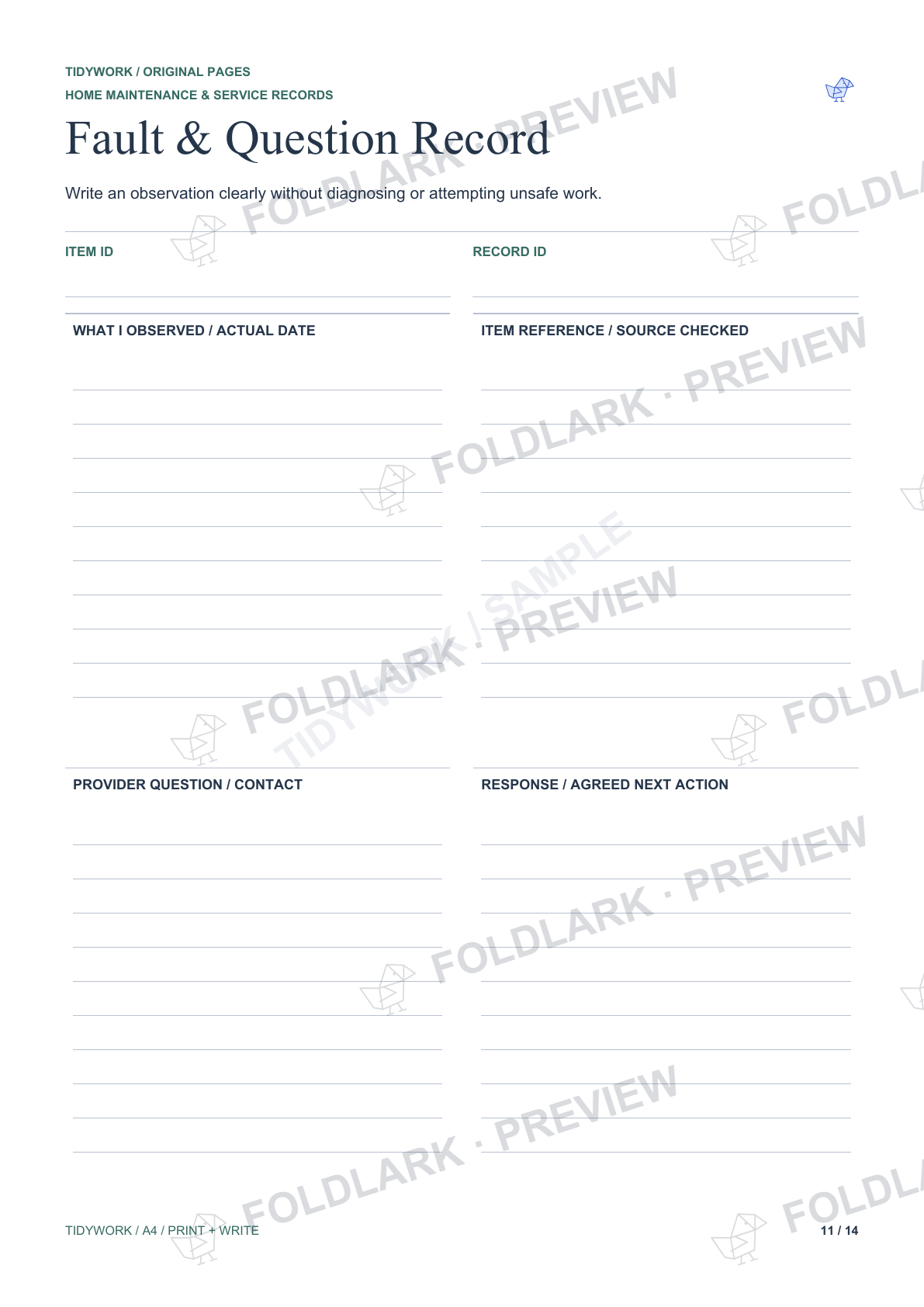 Fault & Question Record: actual marked preview