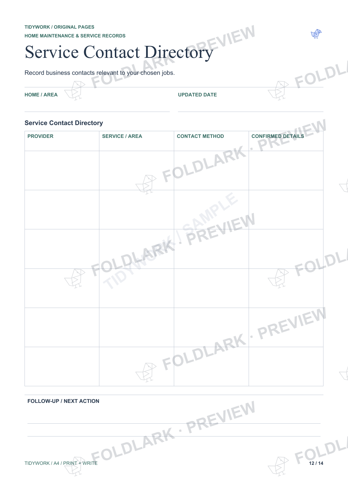 Service Contact Directory: actual marked preview