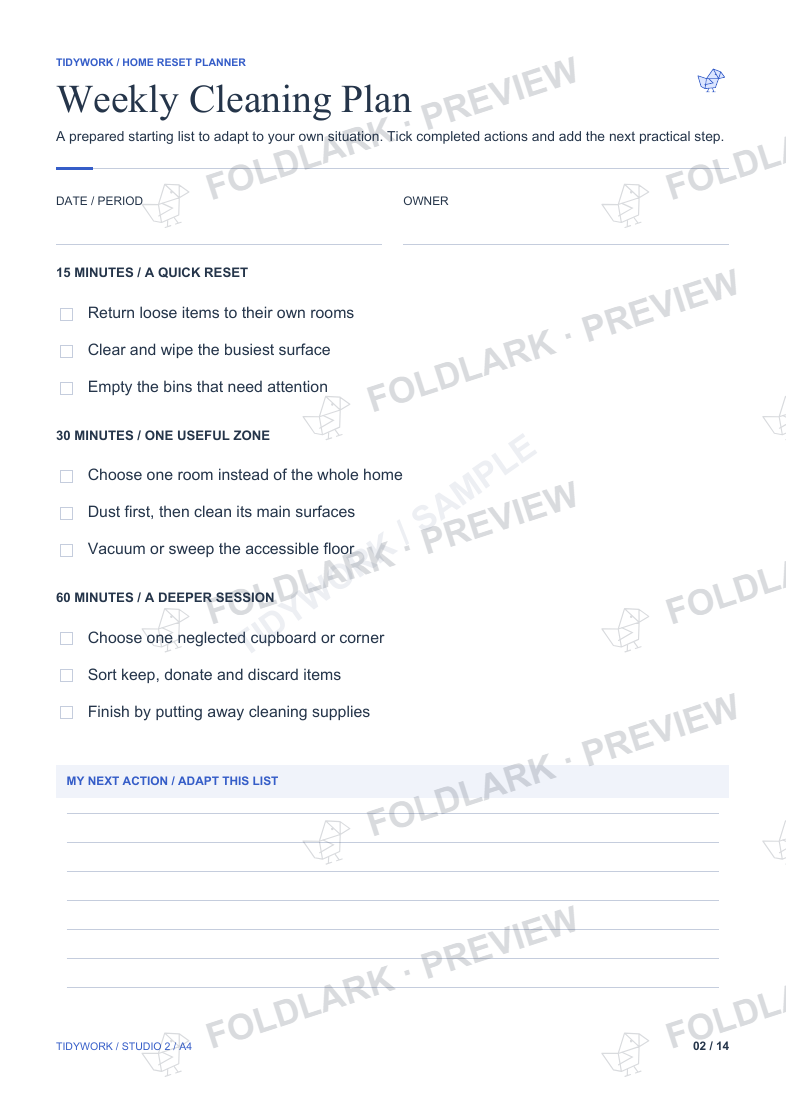 Weekly Cleaning Plan: actual marked sample with prepared starting actions and checkboxes.