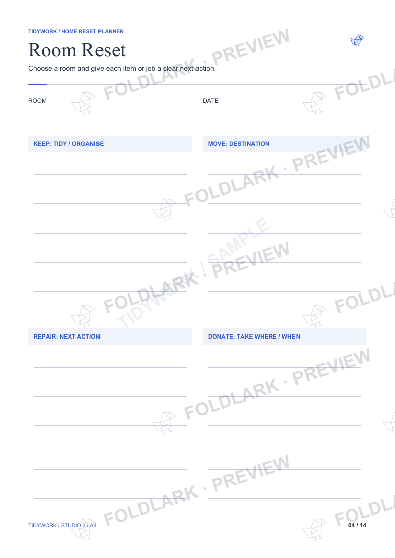 Room Reset printable with room details and keep, move, repair and donate task areas.