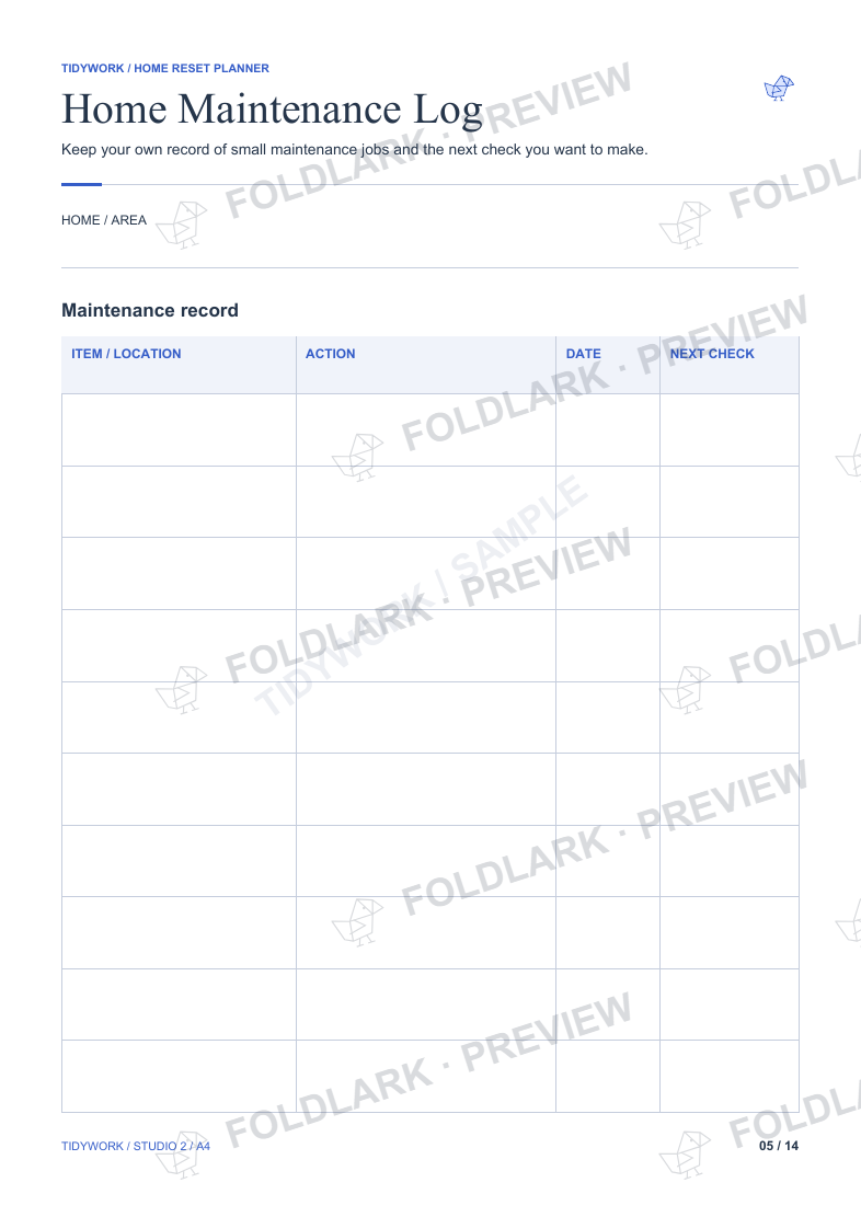 Home Maintenance Log: actual marked preview