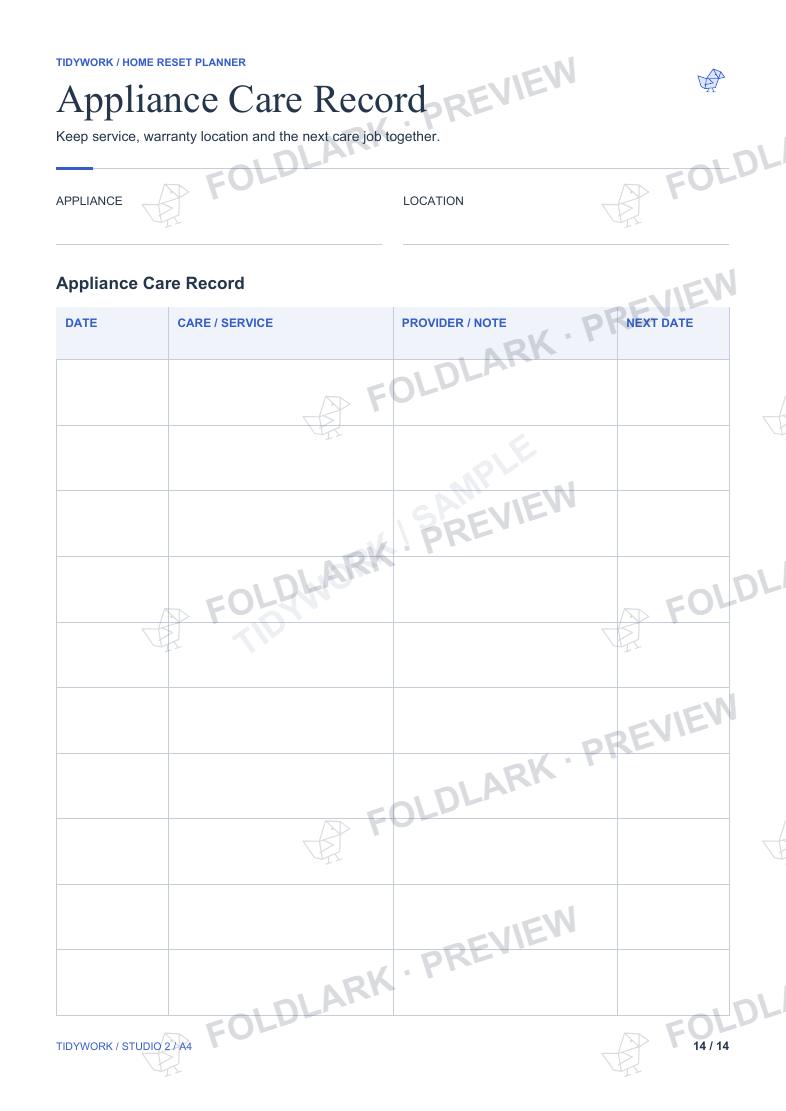 Appliance Care Record: actual marked preview