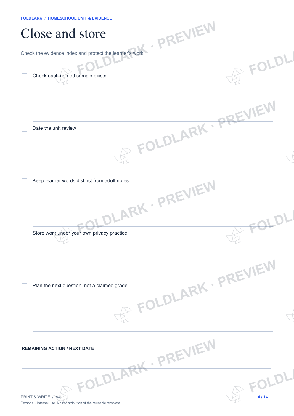 Close and store: actual marked preview