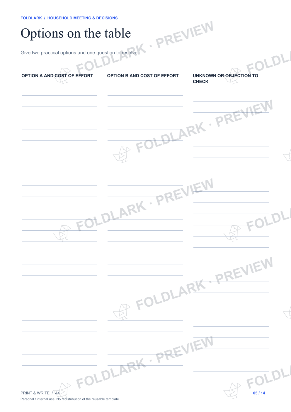 Options on the table: actual marked preview