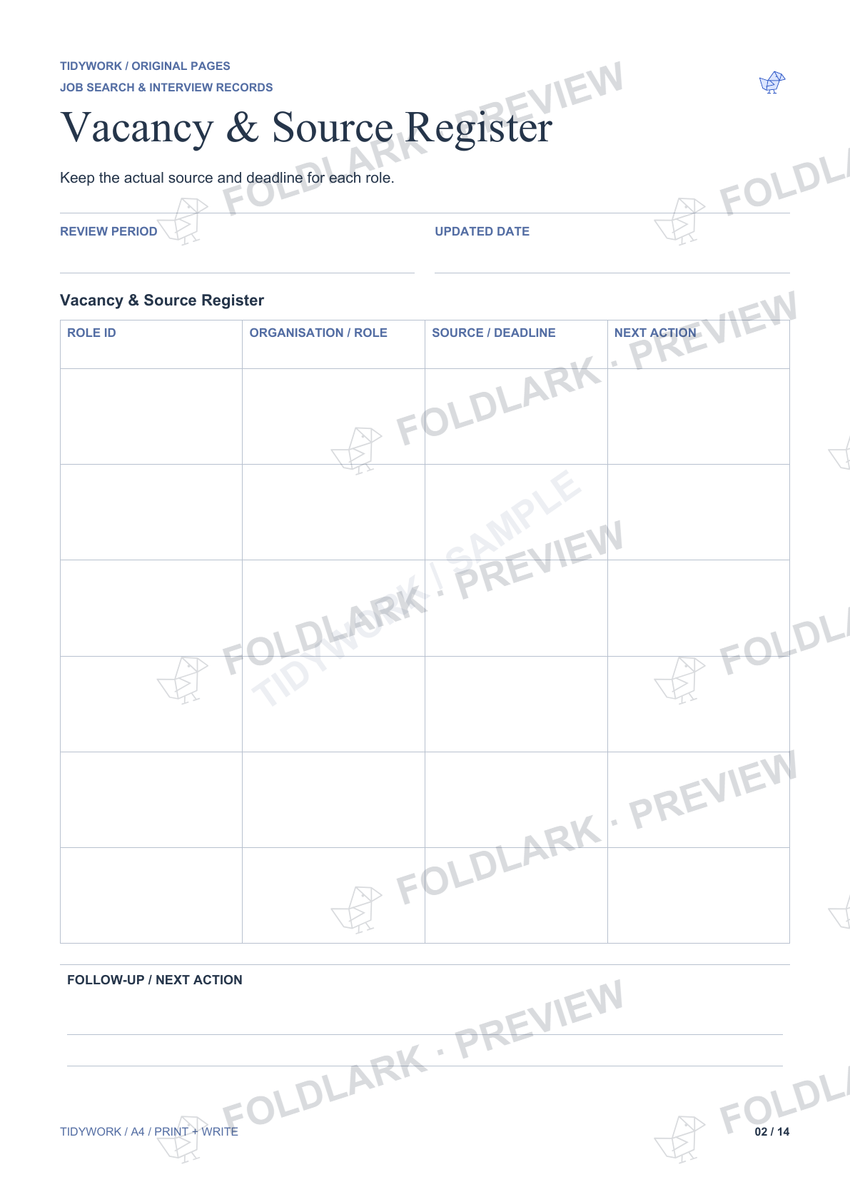 Actual Vacancy & Source Register page from Job Search & Interview Records