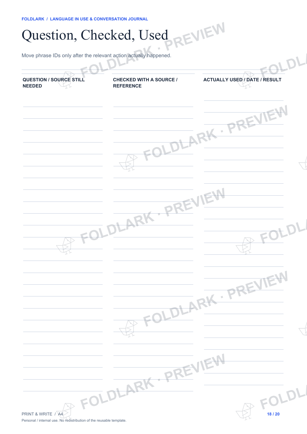 Question, Checked, Used: actual marked preview