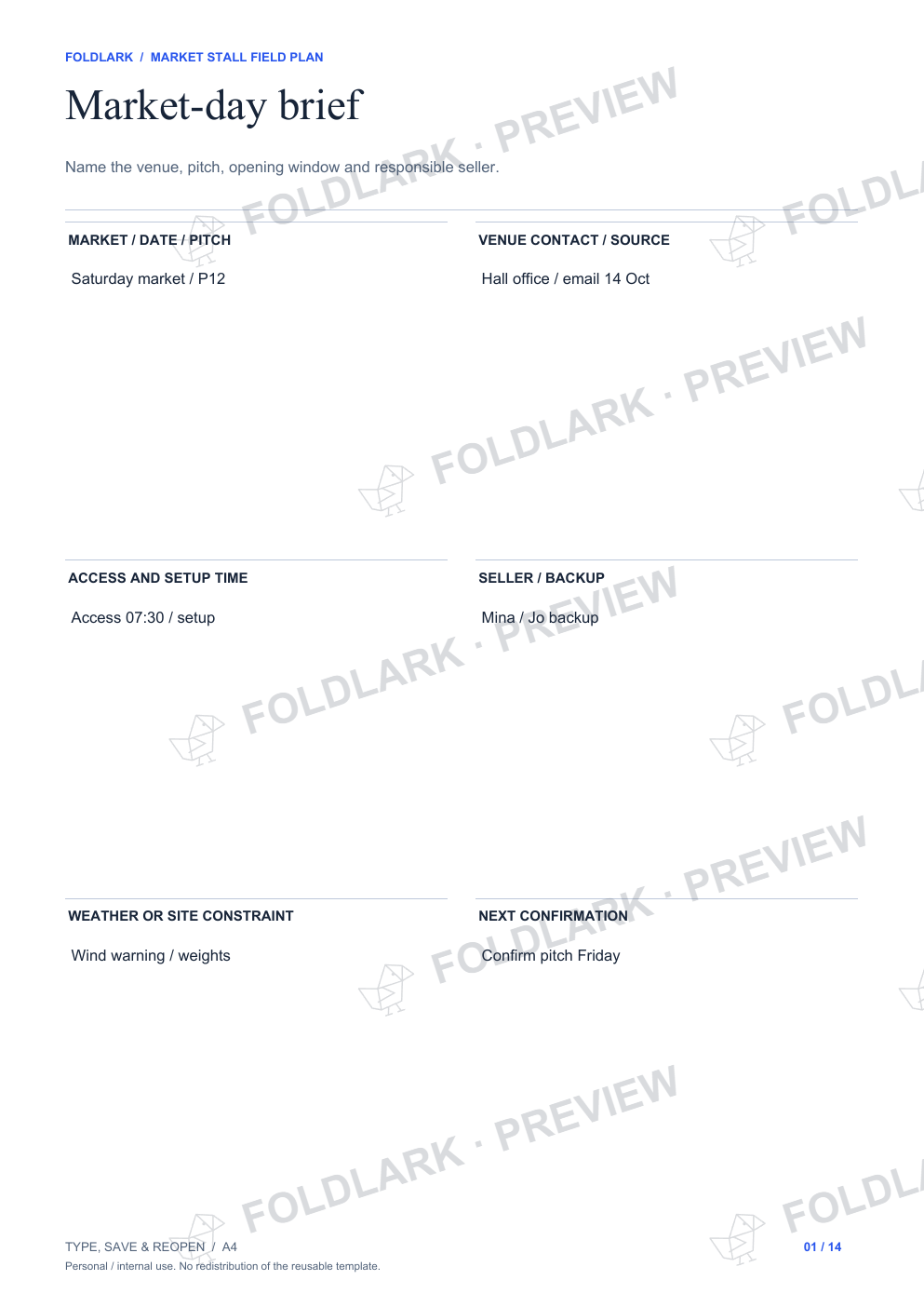 Market Stall Field Plan - fictional filled example