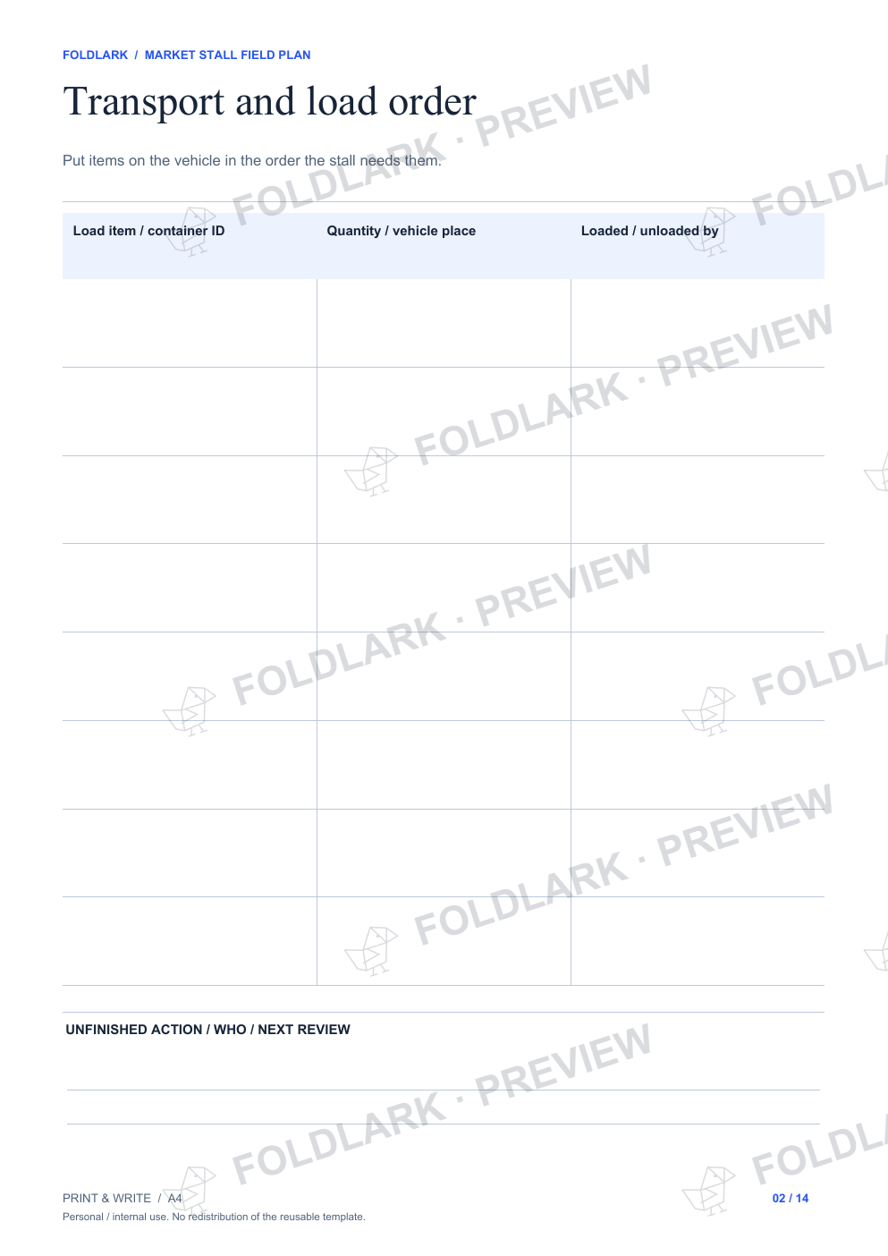 Transport and load order: actual marked preview