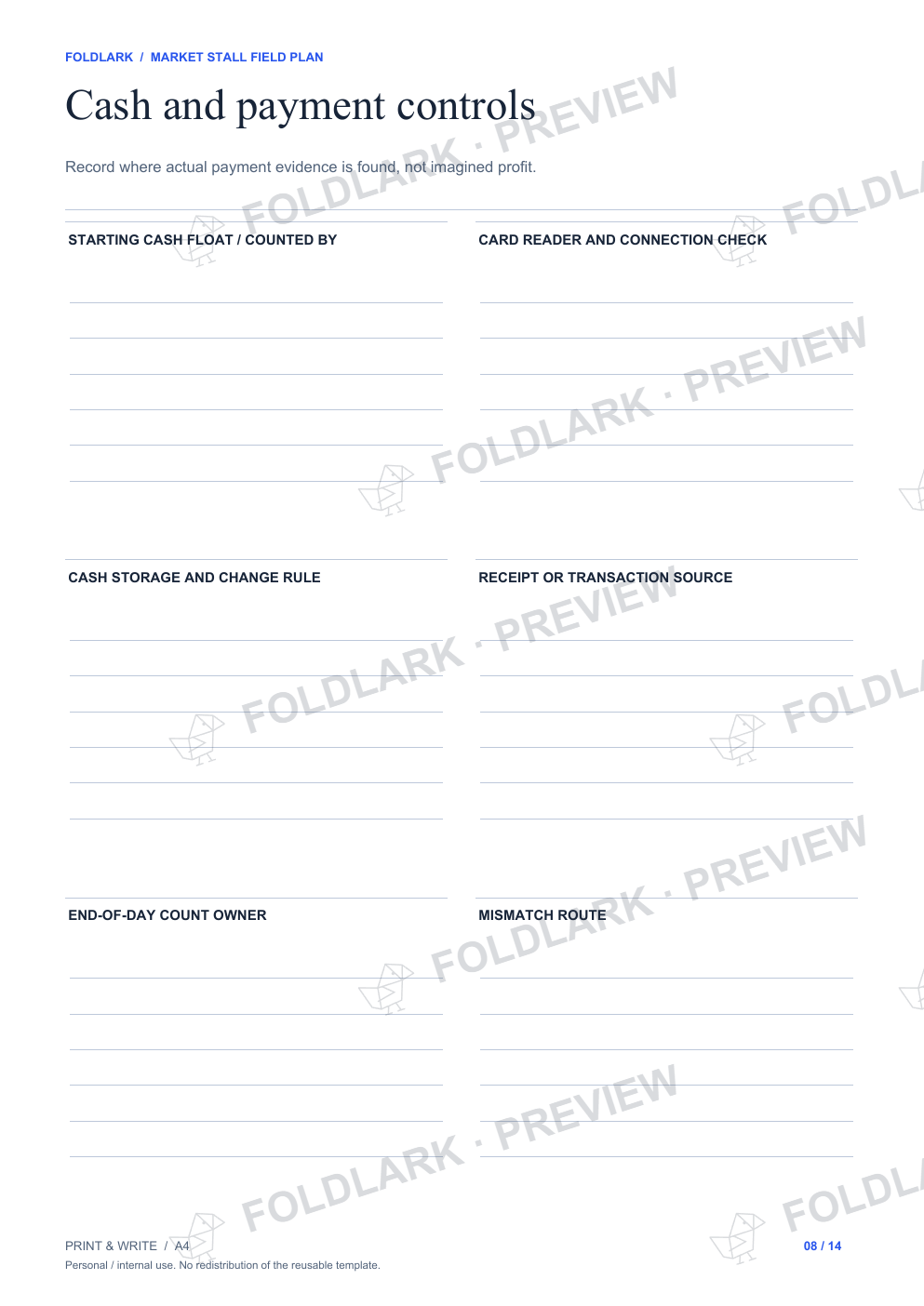 Cash and payment controls: actual marked preview