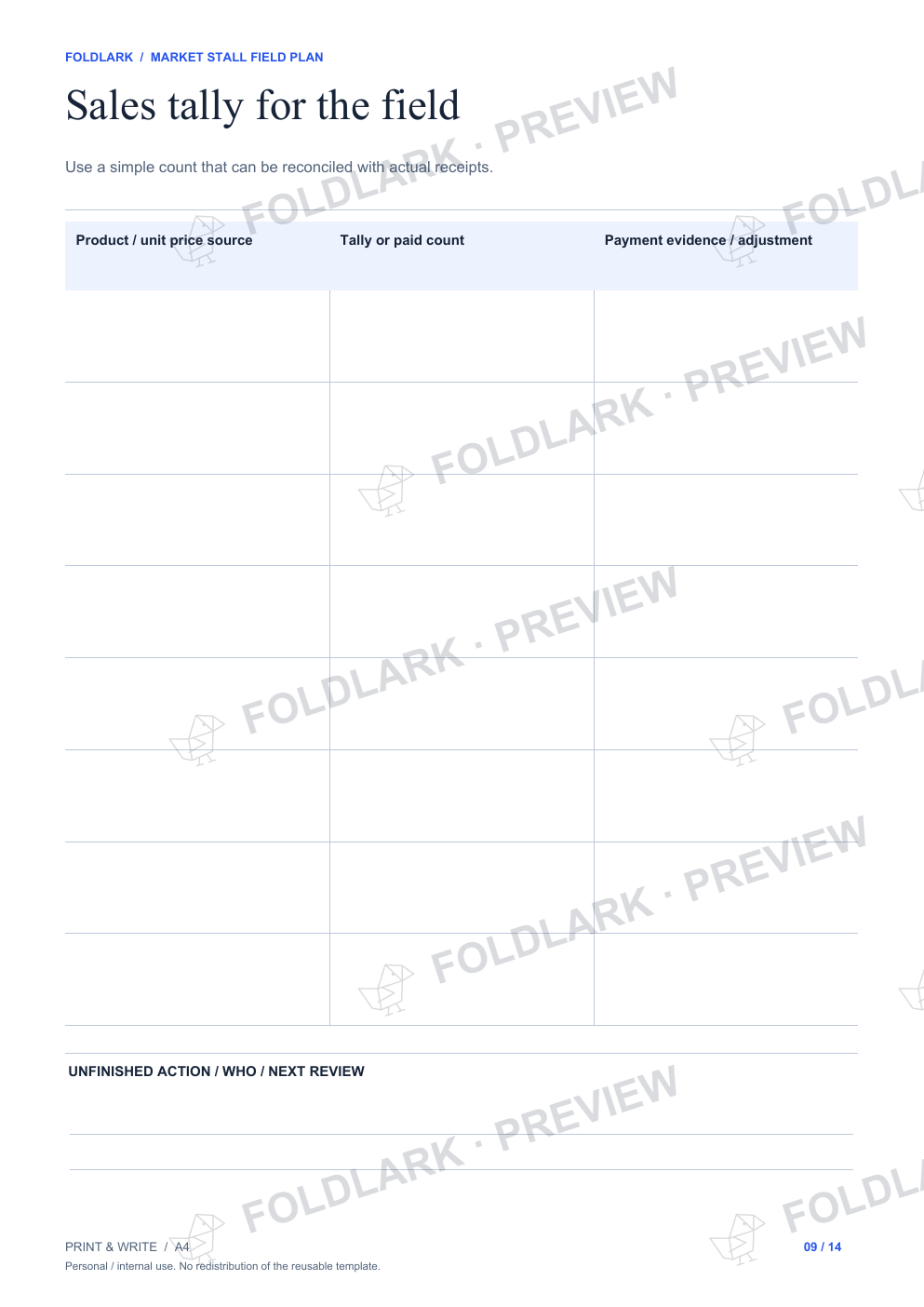 Sales tally for the field: actual marked preview
