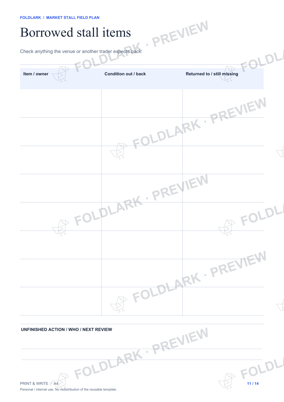 Borrowed stall items: actual marked preview