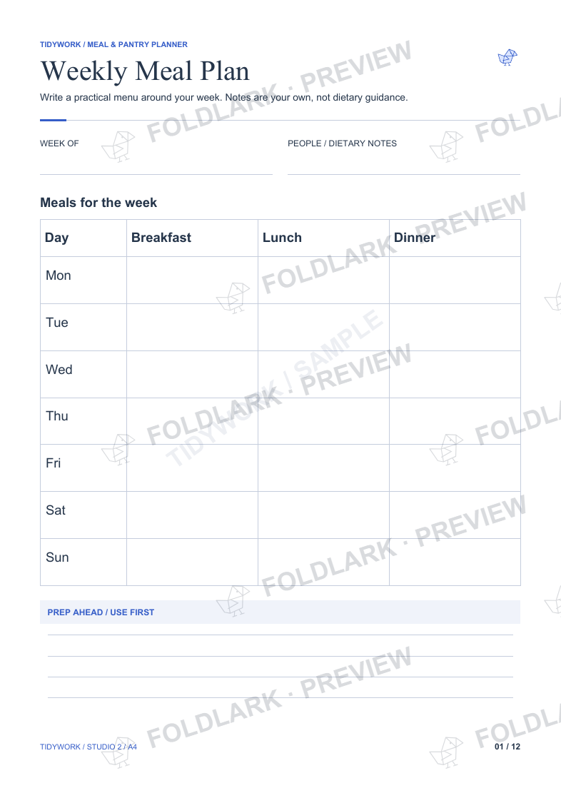 Weekly Meal Plan printable with Monday-to-Sunday breakfast, lunch and dinner boxes.
