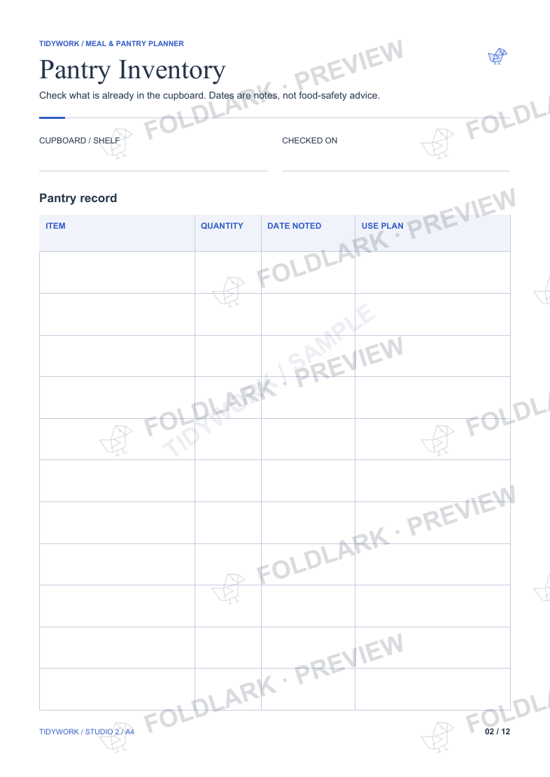 Pantry Inventory printable with item, quantity, date noted and use-plan columns.