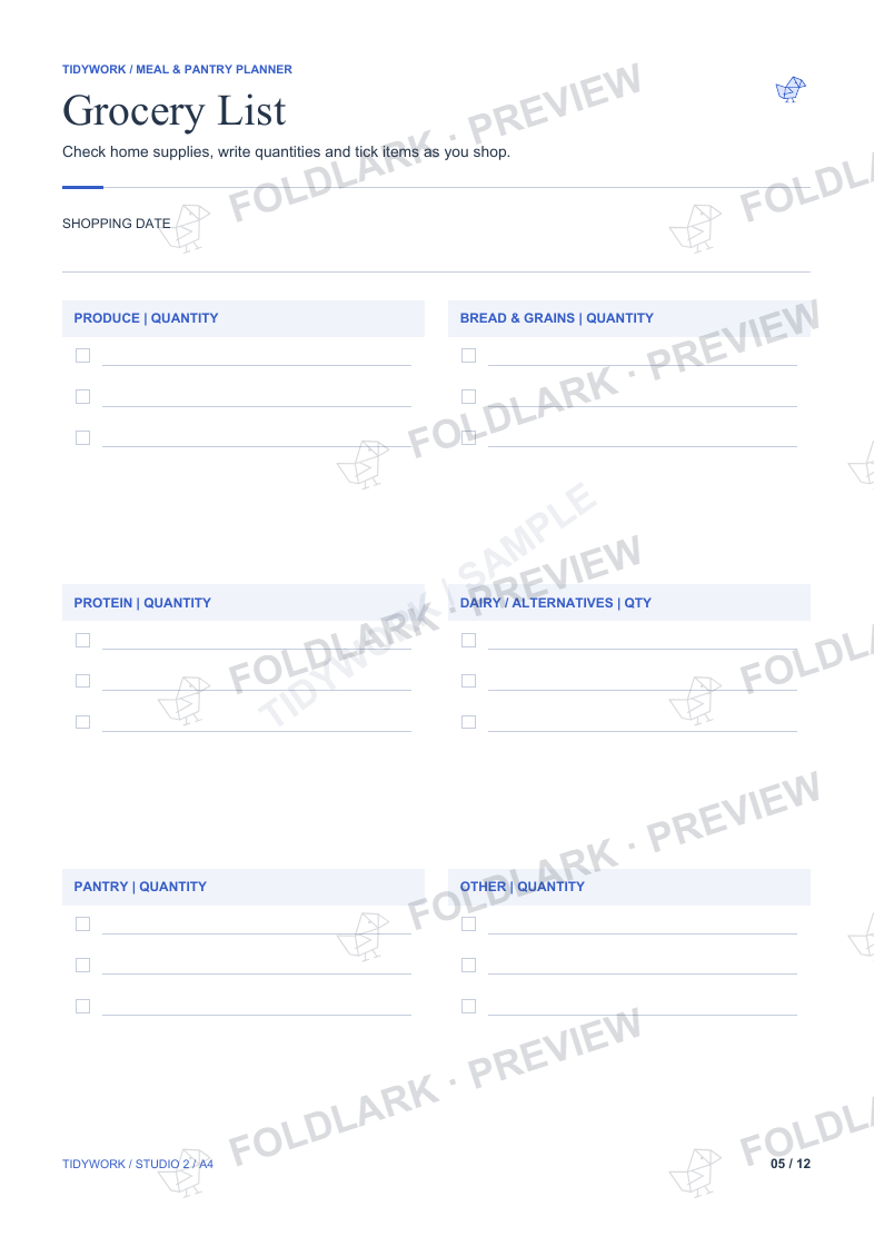 Grocery List printable with grocery sections, quantity spaces and checkboxes.