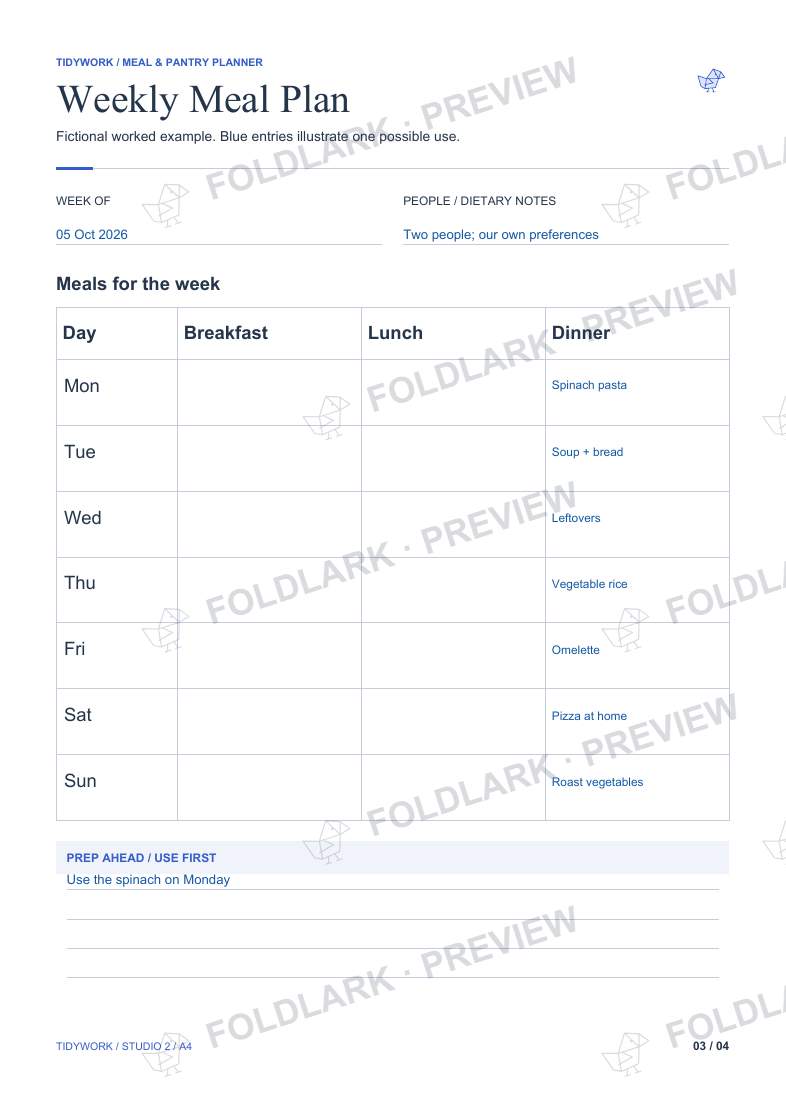 Meal & Pantry Planner - fictional filled example
