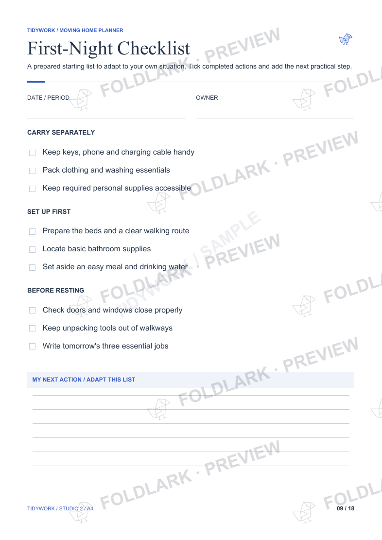 First-Night Checklist: actual marked sample with prepared starting actions and checkboxes.