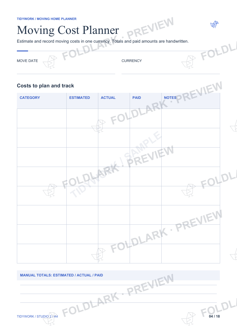 Moving Cost Planner: actual marked preview