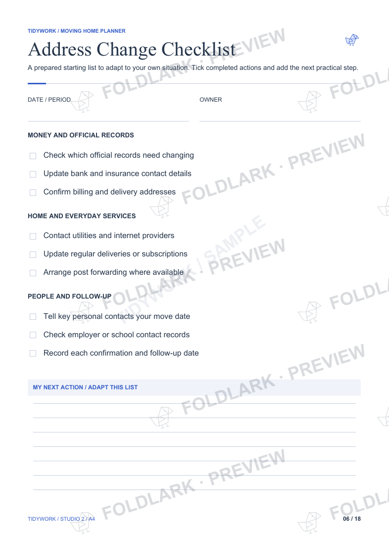 Address Change Checklist: actual marked preview