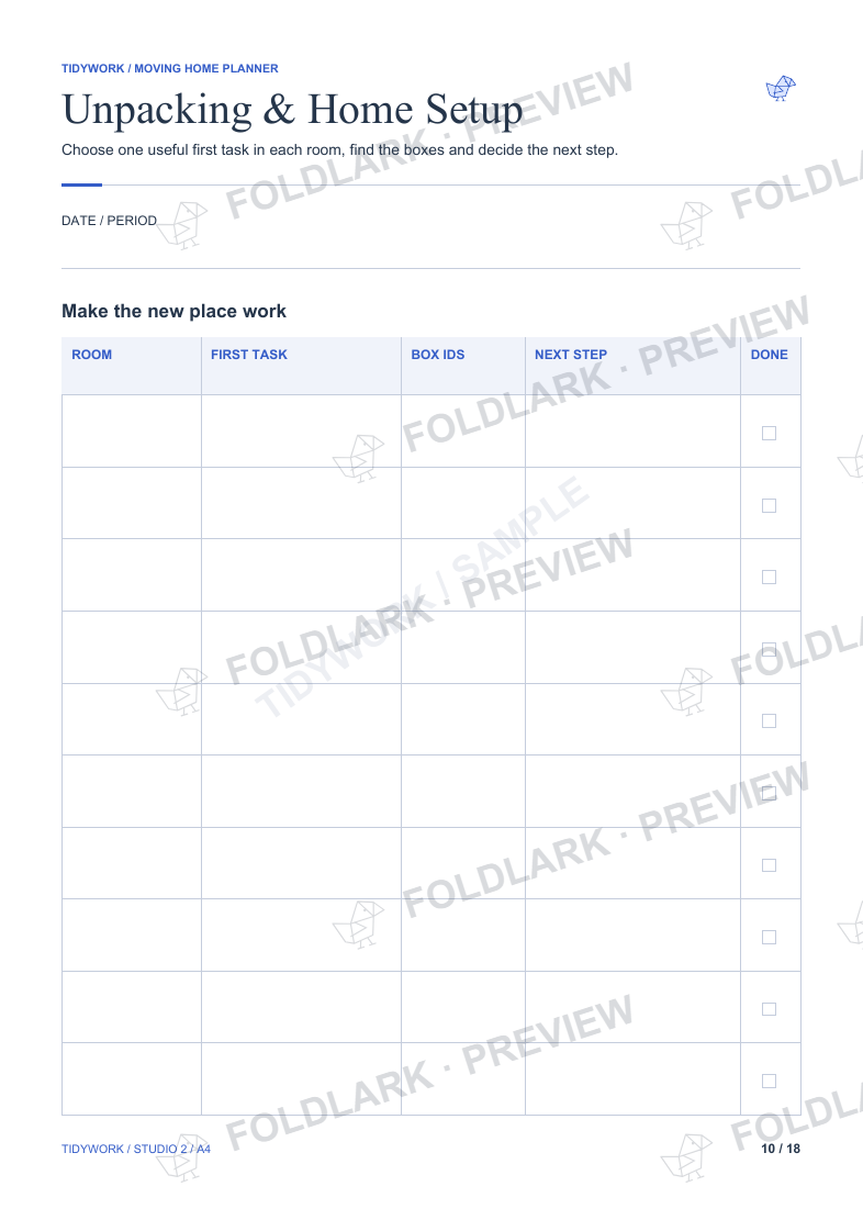 Unpacking & Home Setup: actual marked preview