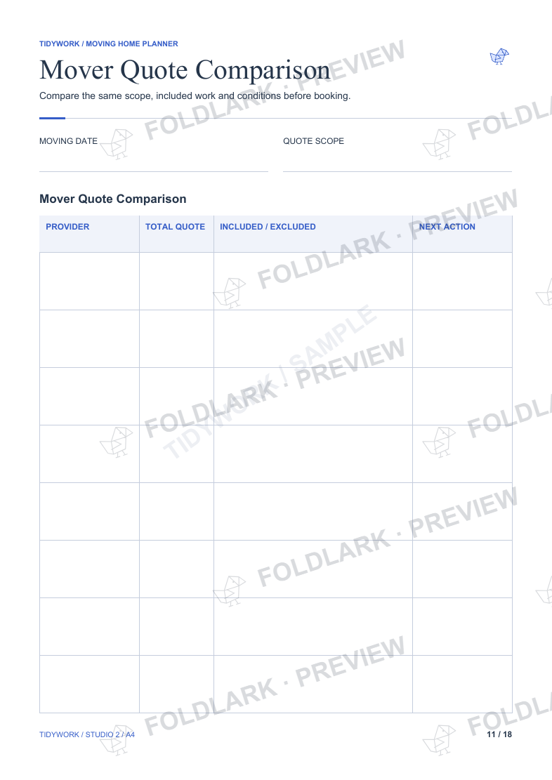 Mover Quote Comparison: actual marked preview
