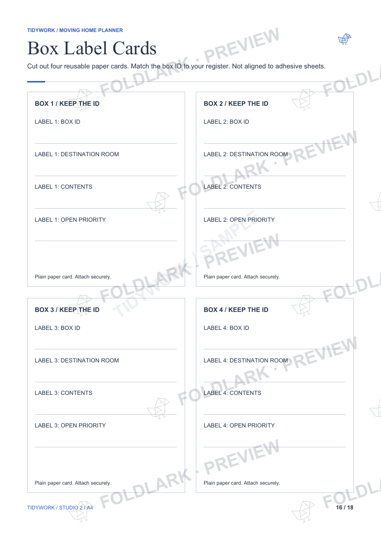Box Label Cards: actual marked preview