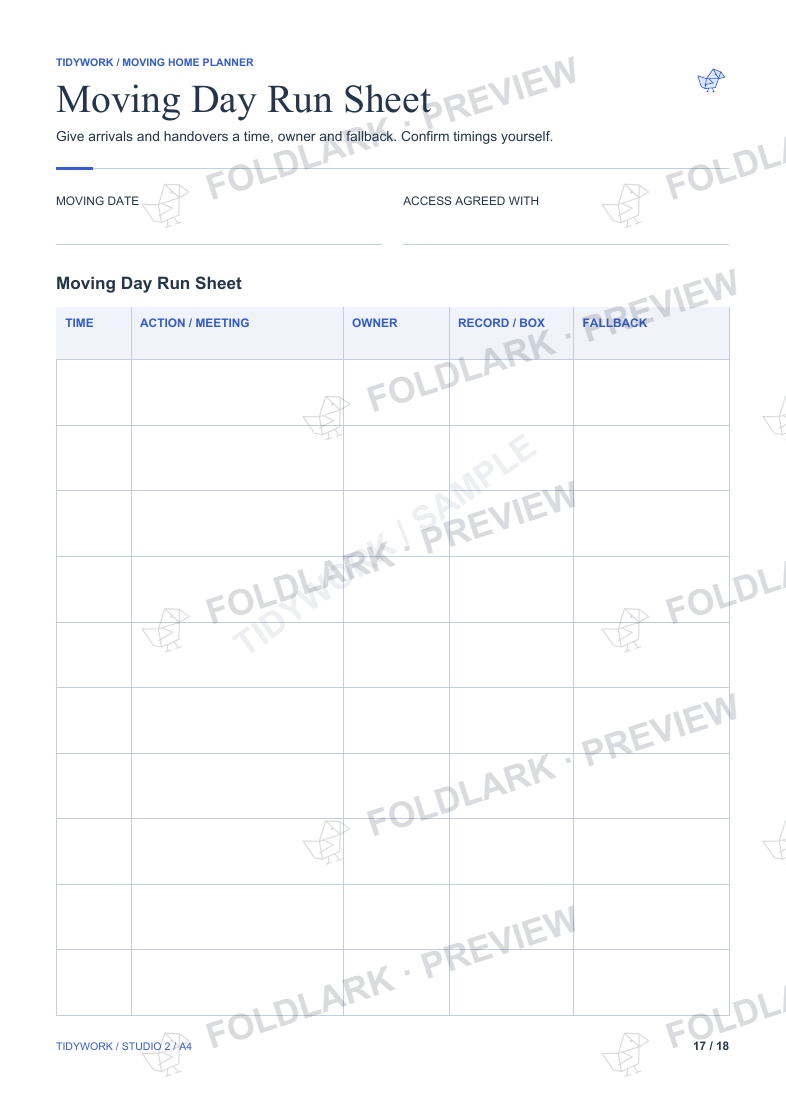 Moving Day Run Sheet: actual marked preview