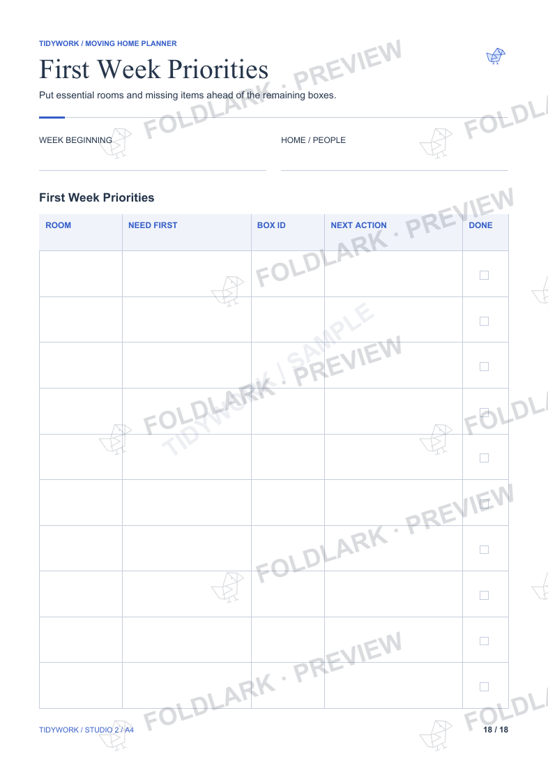 First Week Priorities: actual marked preview