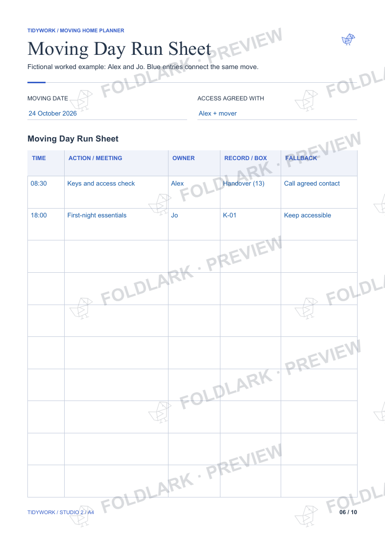 Actual template with fictional entries: 18:00: keep K-01 accessible. Fictional example.
