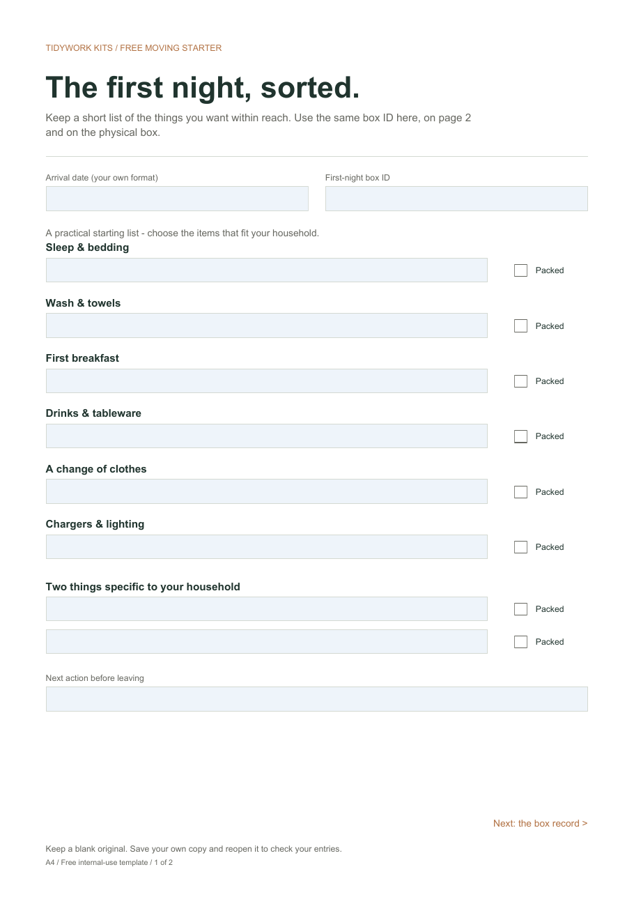 Actual free first-night starter page with fields and checkboxes