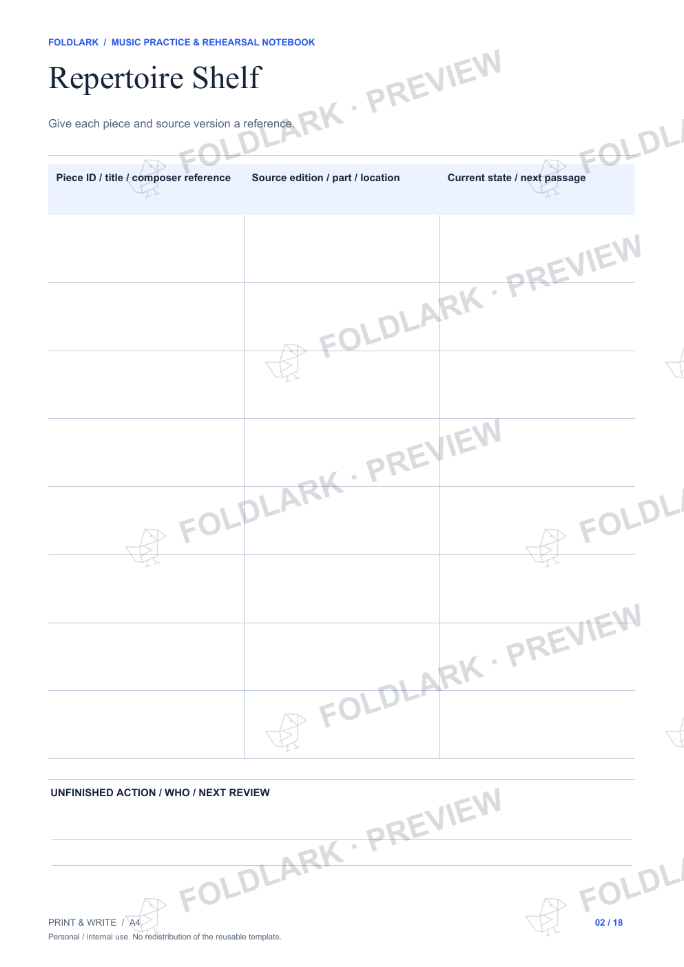 Actual Repertoire Shelf template, empty protected preview.