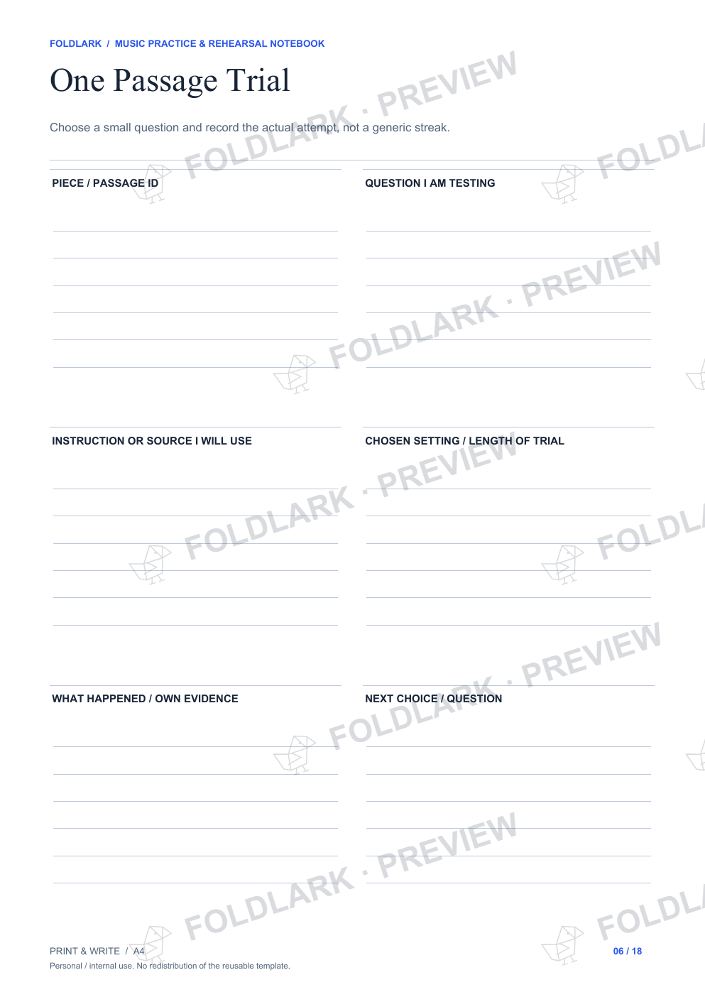 Actual One Passage Trial template, empty protected preview.