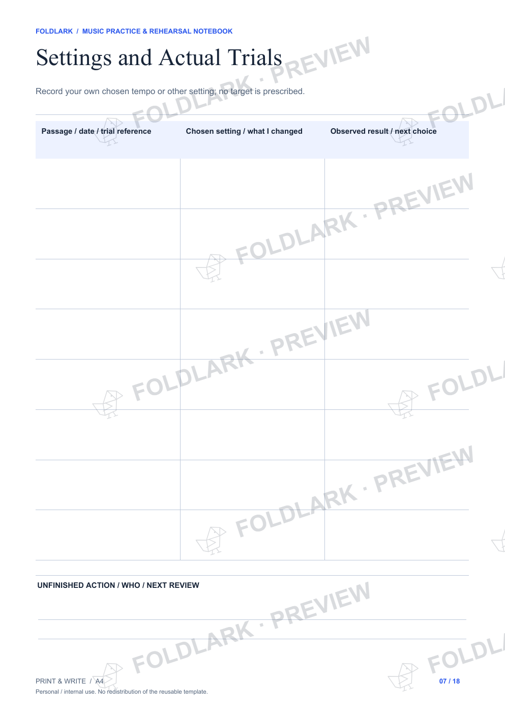 Settings and Actual Trials: actual marked preview