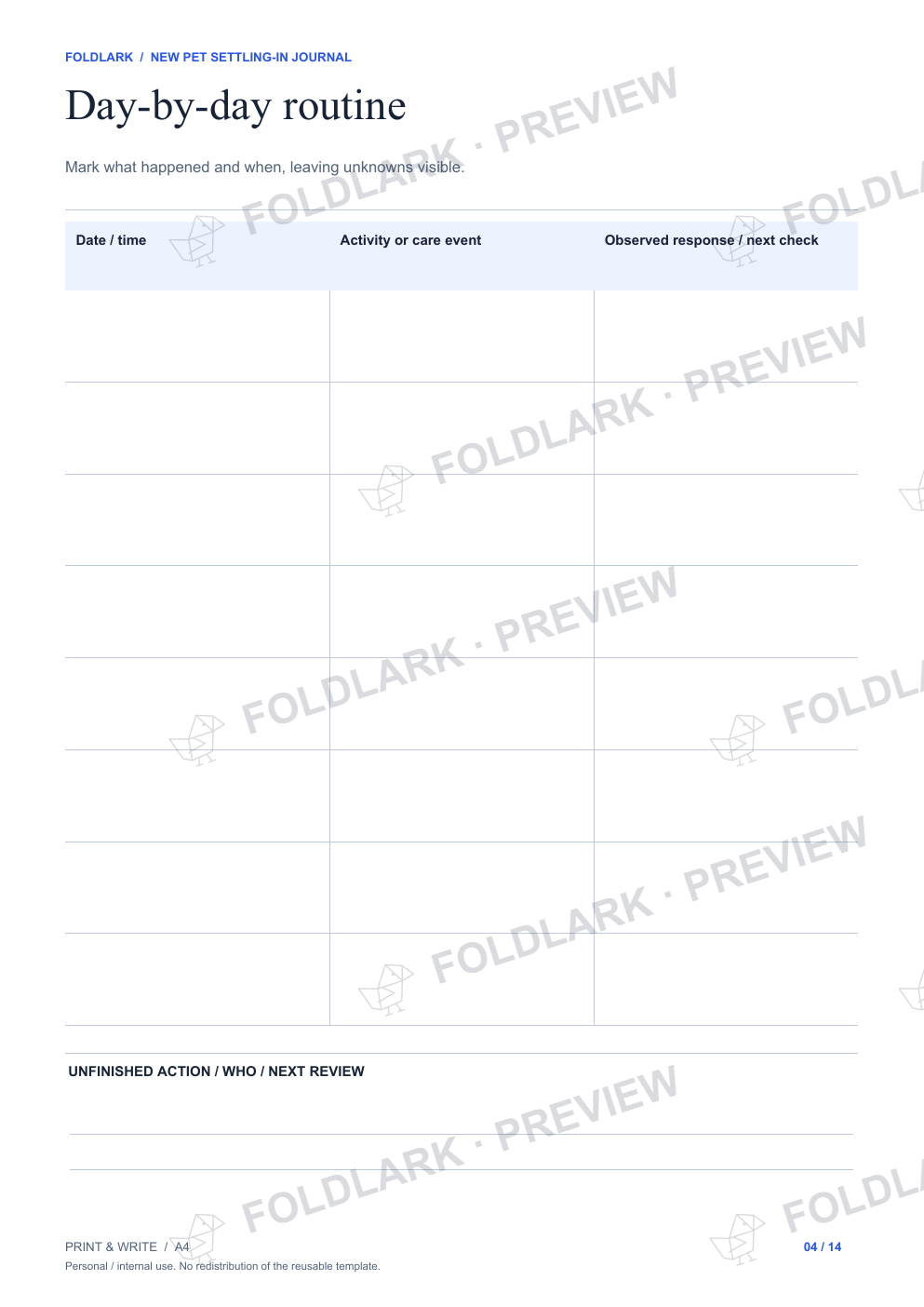 Day-by-day routine: actual marked preview