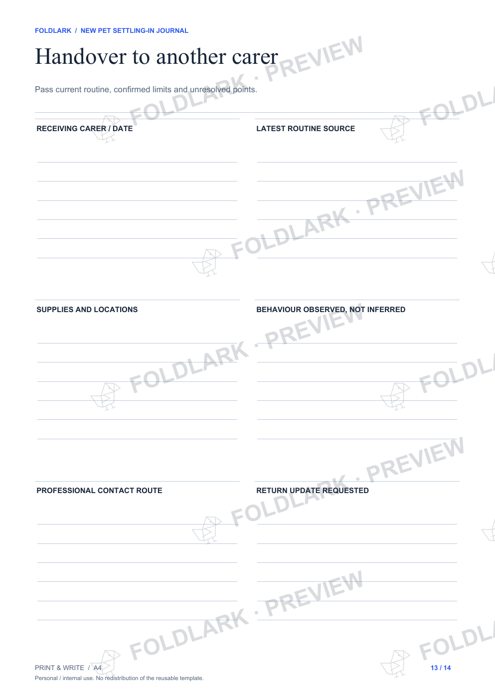 Handover to another carer: actual marked preview