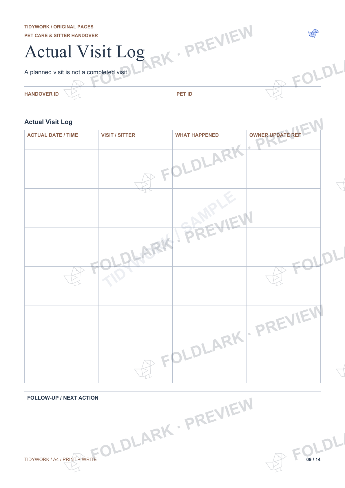 Actual Actual Visit Log page from Pet Care & Sitter Handover