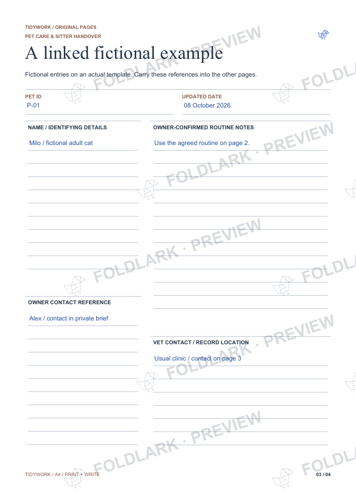 Pet Care & Sitter Handover - fictional filled example