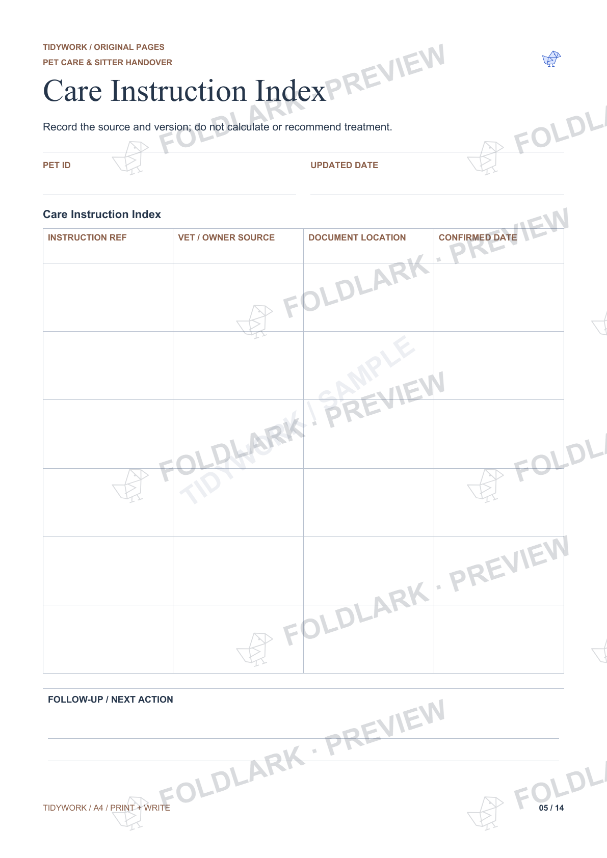 Care Instruction Index: actual marked preview