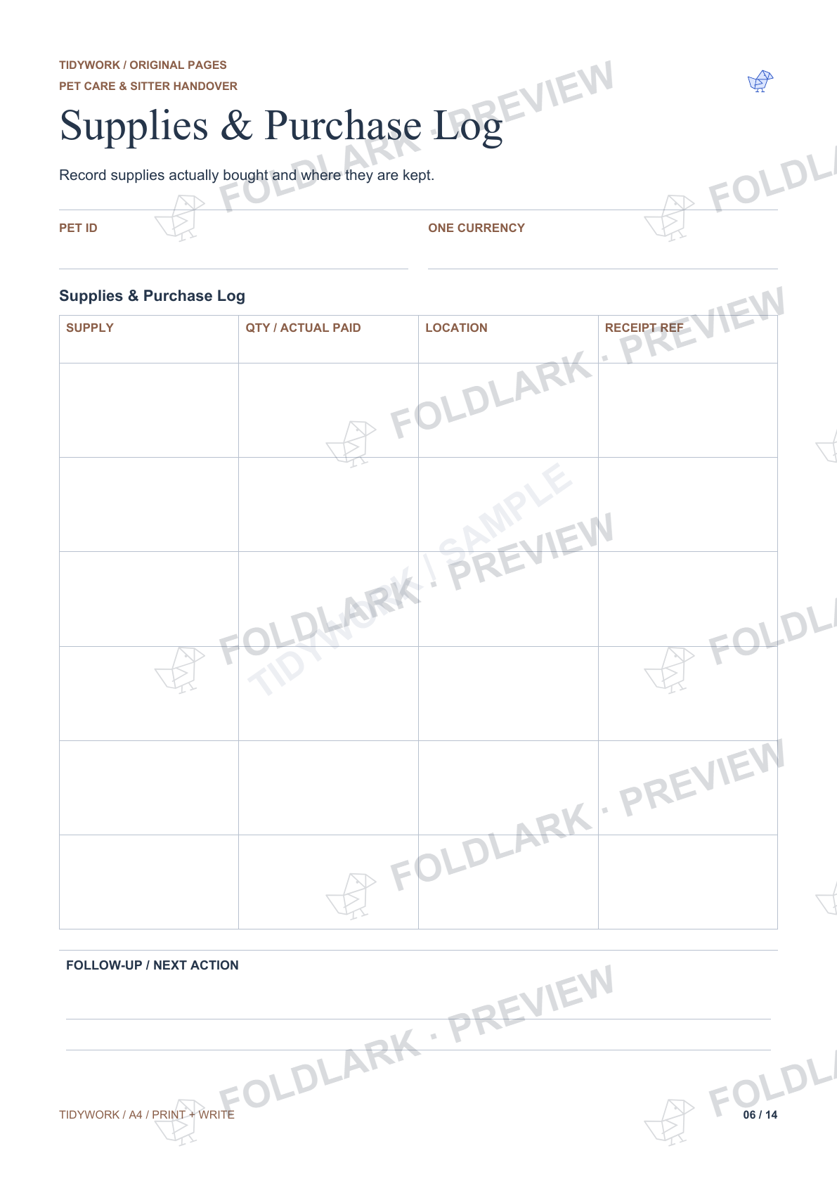 Supplies & Purchase Log: actual marked preview