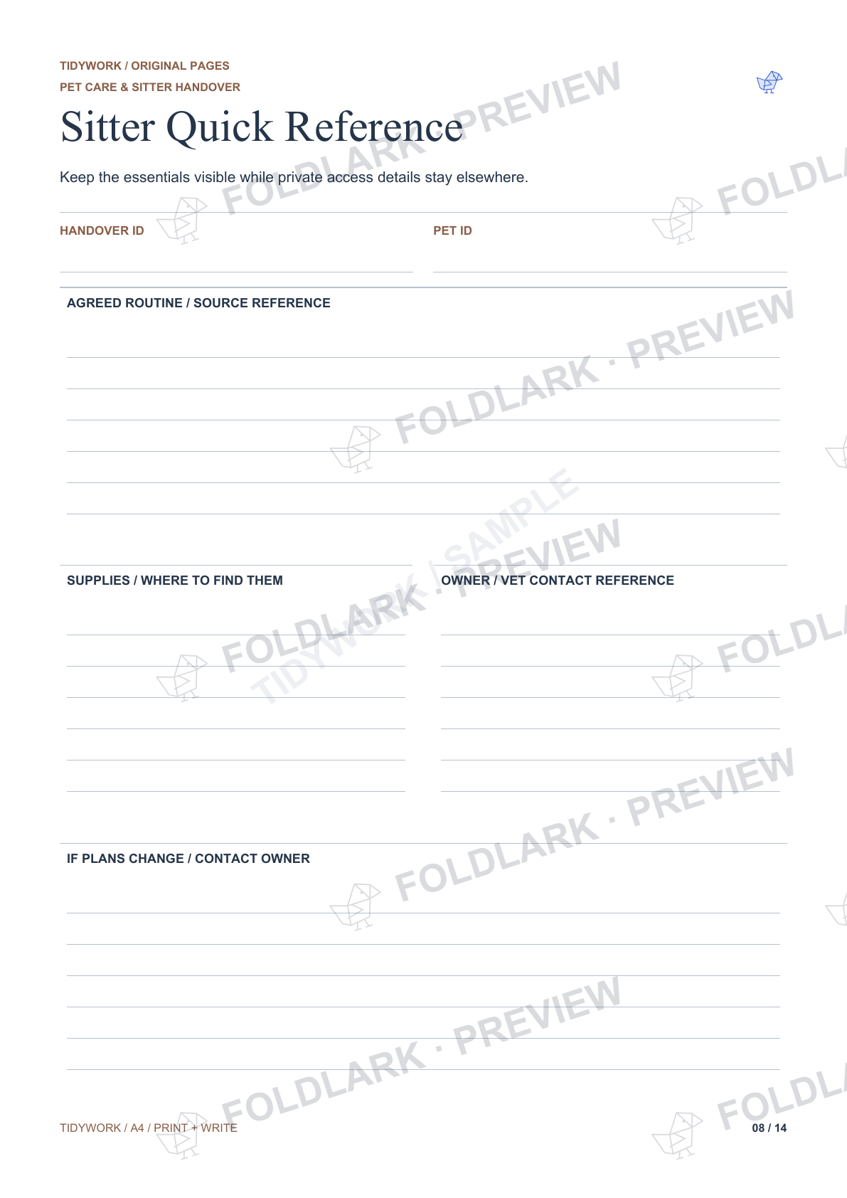 Sitter Quick Reference: actual marked preview