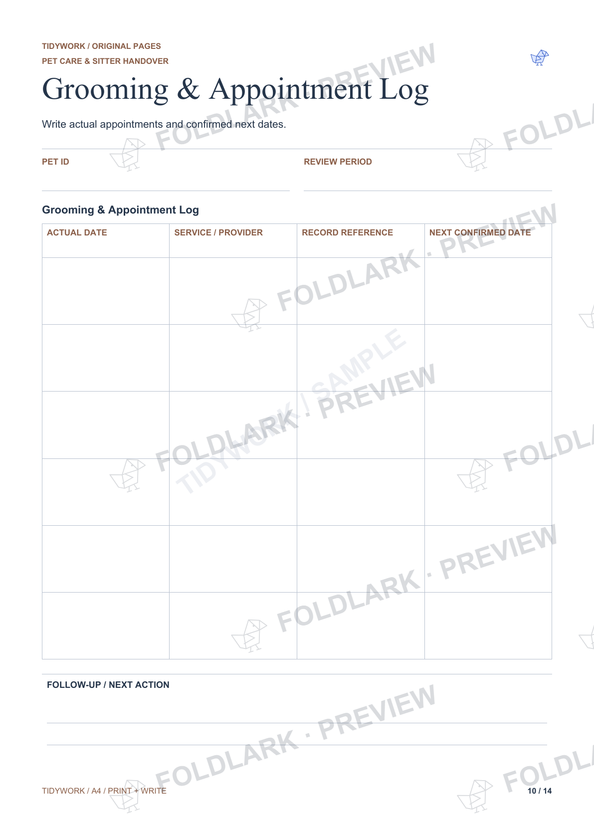 Grooming & Appointment Log: actual marked preview