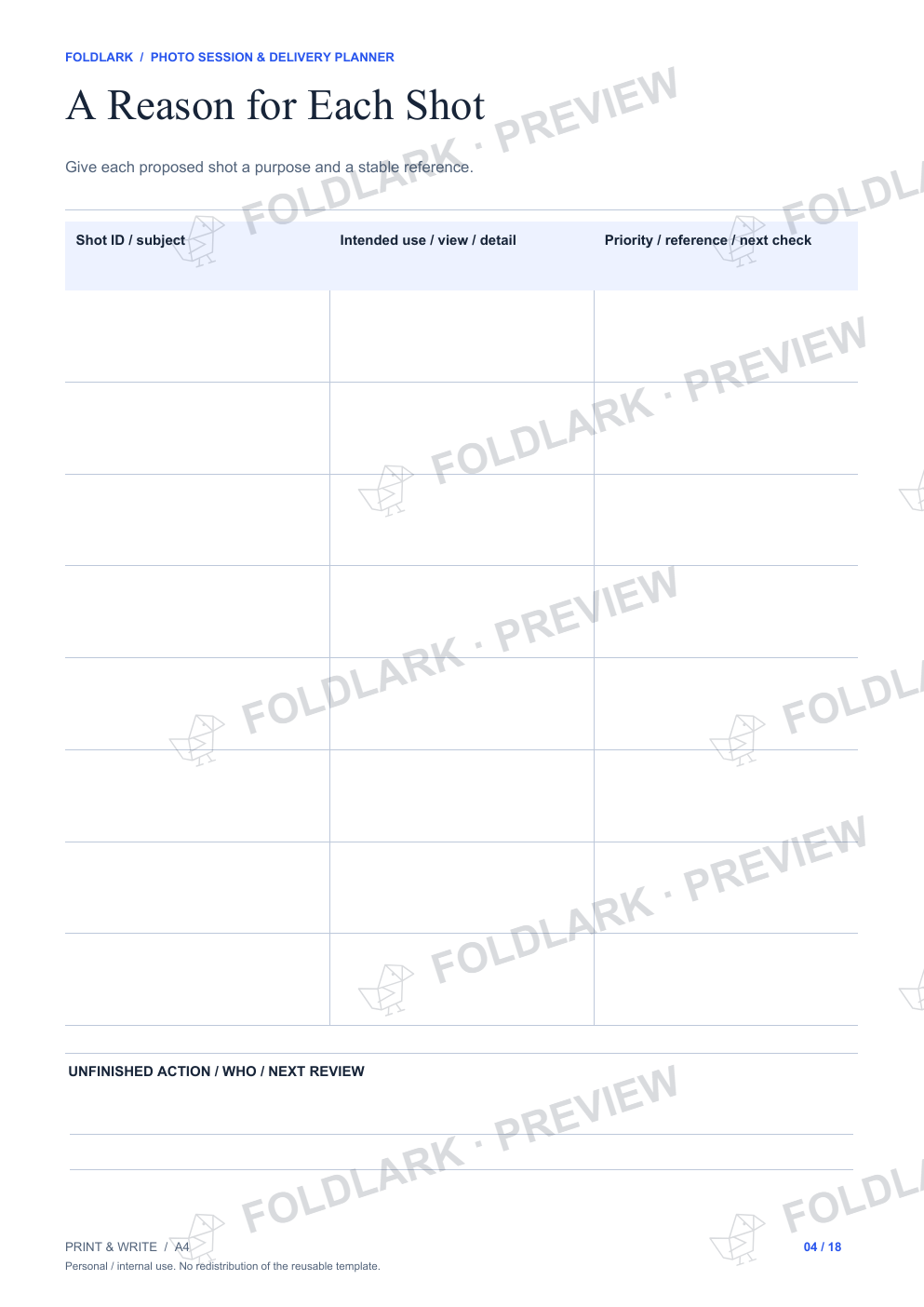 Actual A Reason for Each Shot template, empty protected preview.