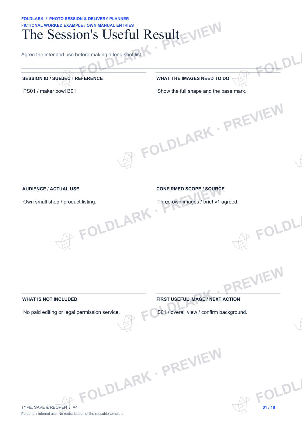 Photo Session & Delivery Planner - fictional filled example