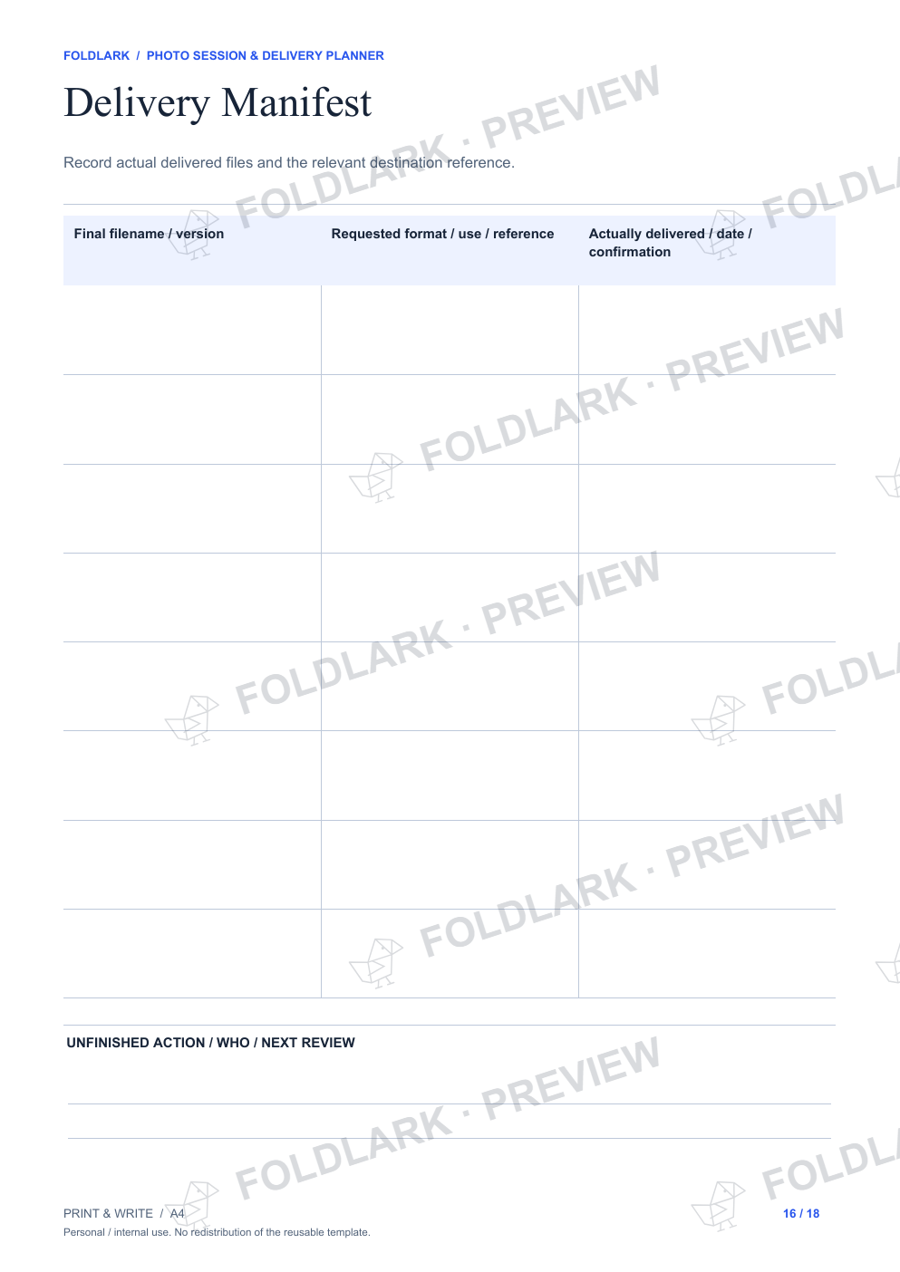 Delivery Manifest: actual marked preview